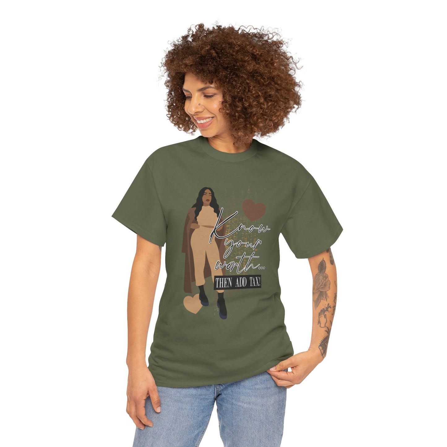 “Know Your Worth, Then Add Tax” Women Empowerment T-Shirt - Tan Outfit