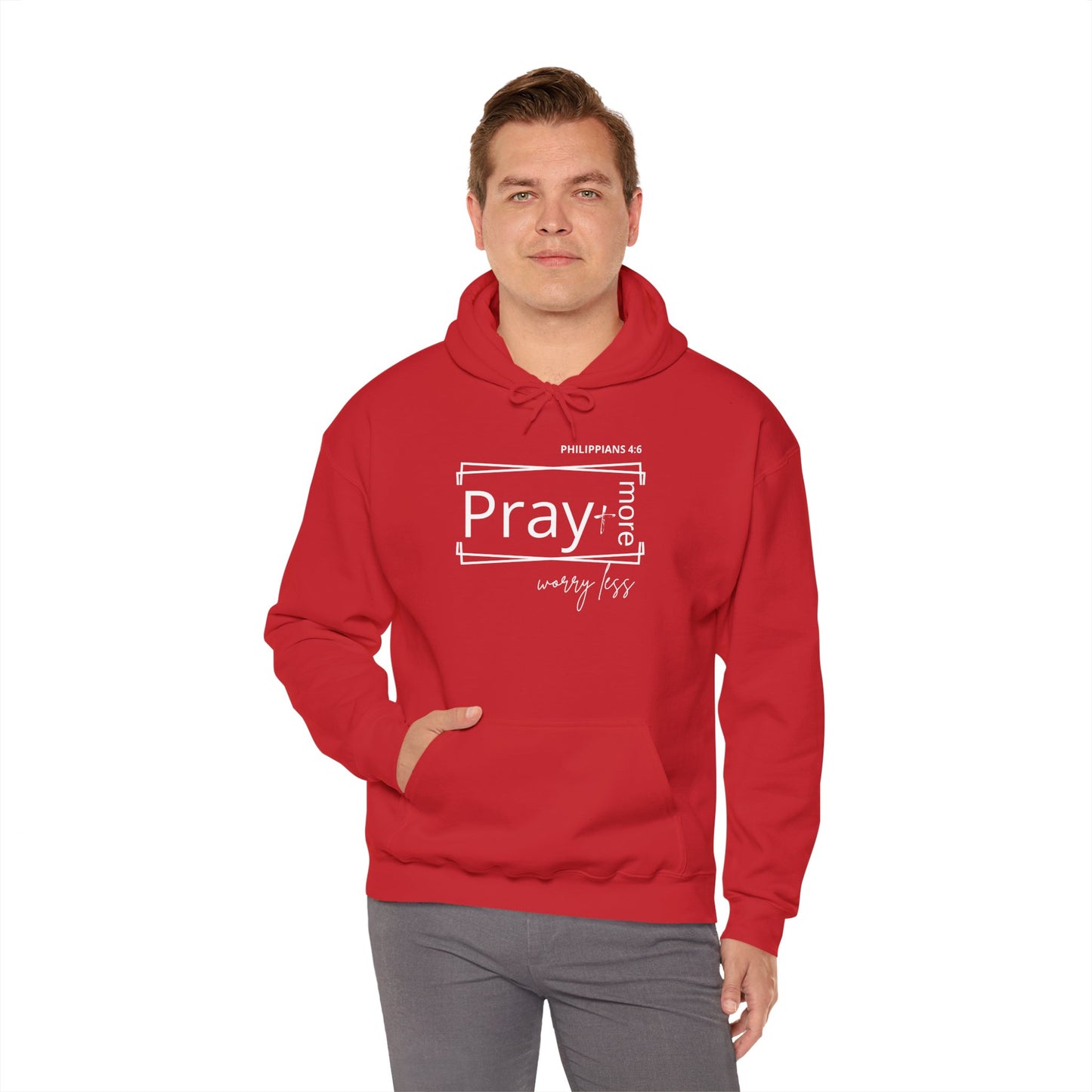 Red & White - Pray More Worry Less Unisex Hooded Sweatshirt
