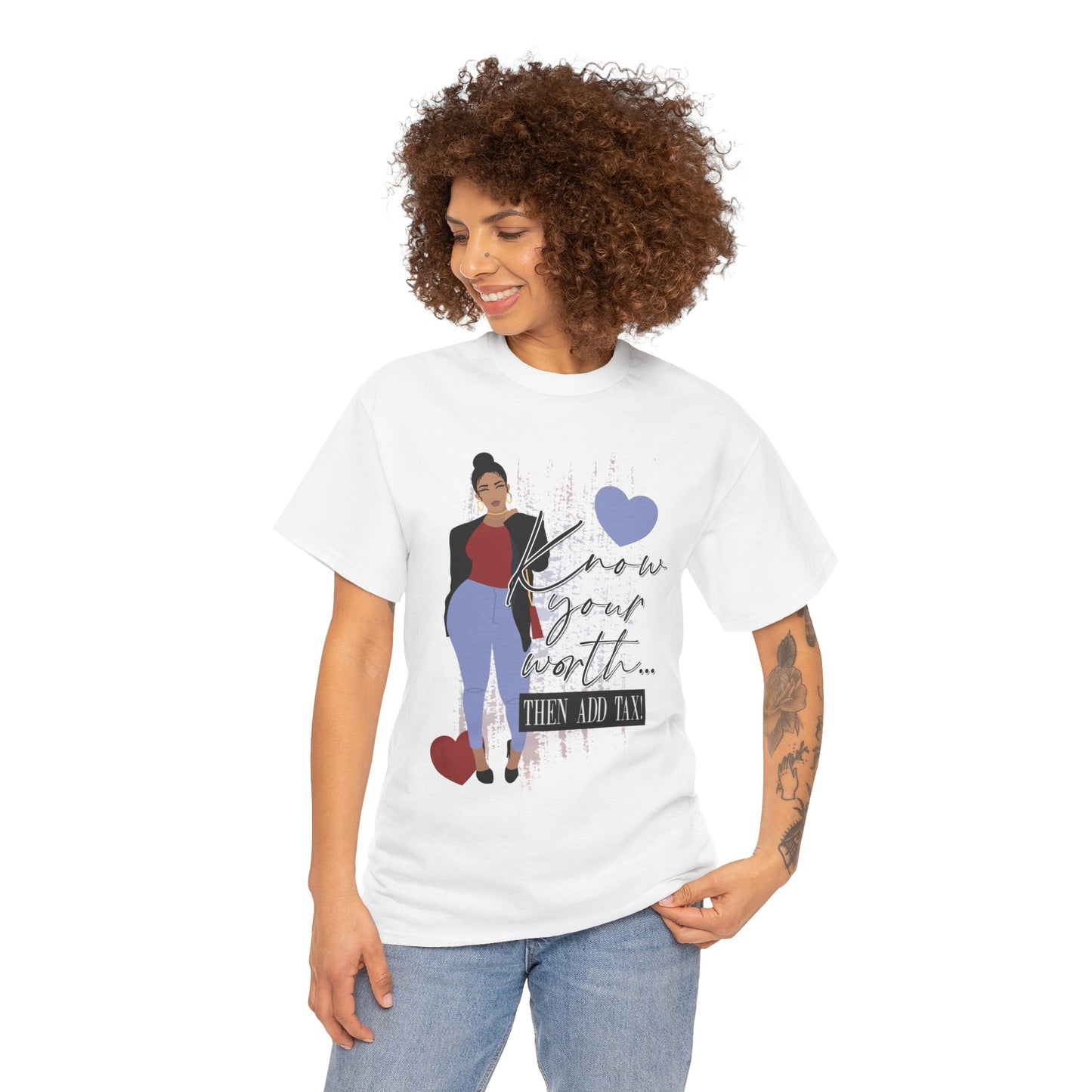 “Know Your Worth, Then Add Tax” Women Empowerment T-Shirt - Red Shirt w/ Black Jacket