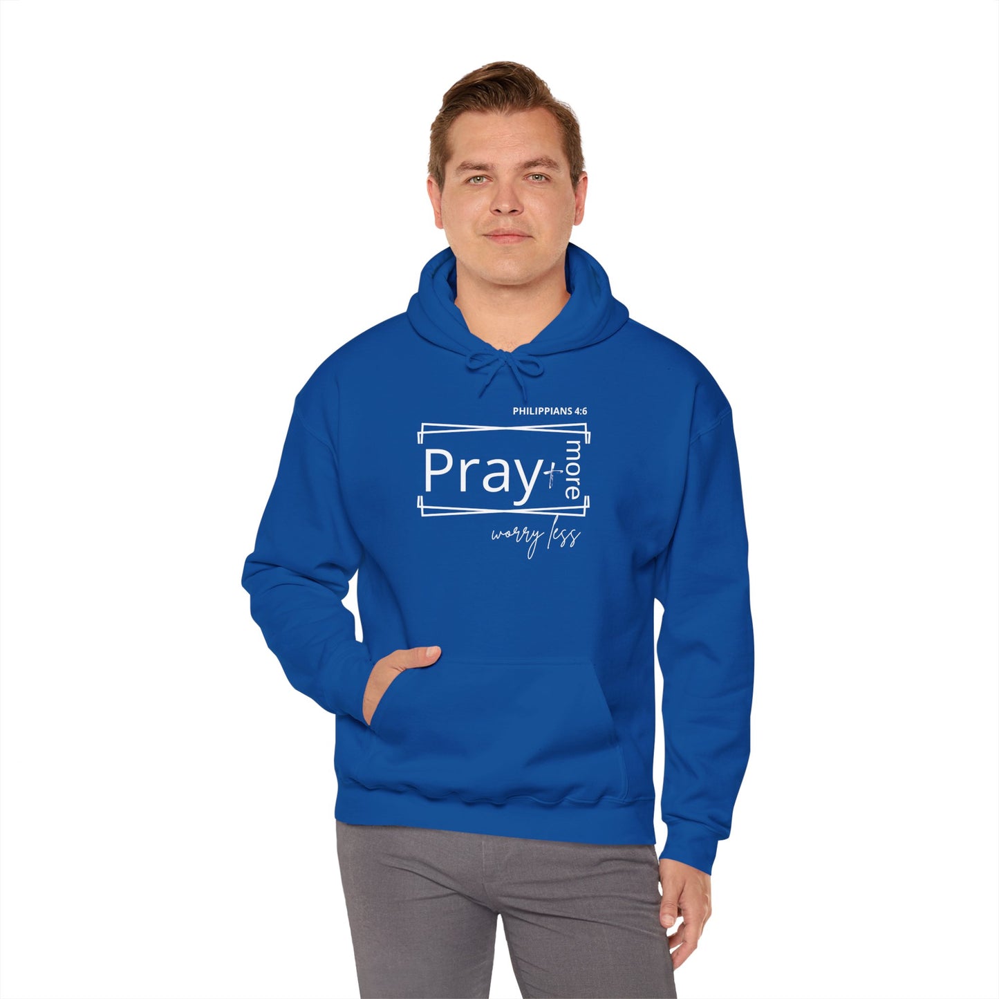 Blue & White - Pray More Worry Less Unisex Hooded Sweatshirt