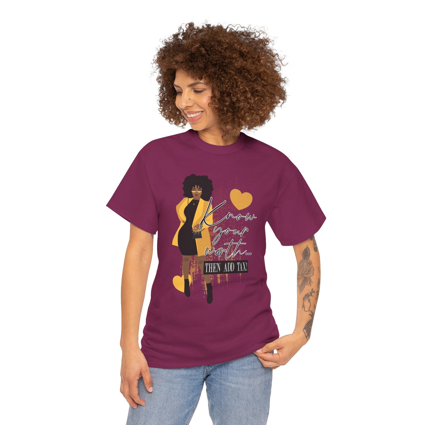 “Know Your Worth, Then Add Tax” Women Empowerment T-Shirt - Black Dress w/ Yellow Jacket