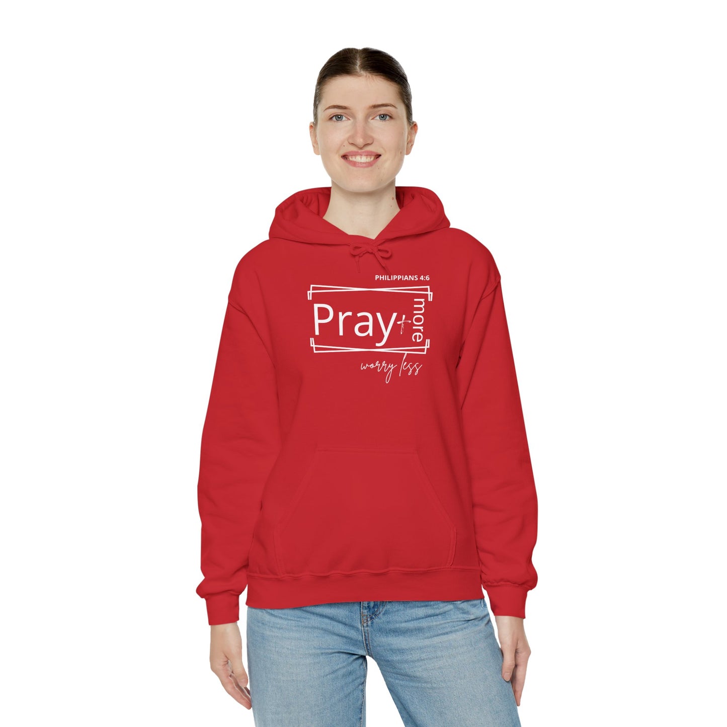 Red & White - Pray More Worry Less Unisex Hooded Sweatshirt