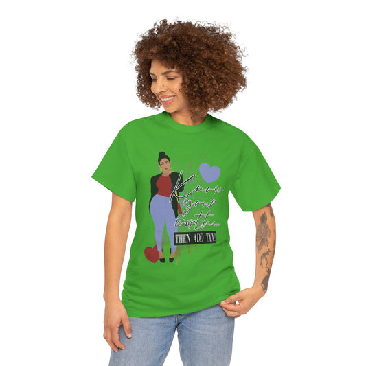 “Know Your Worth, Then Add Tax” Women Empowerment T-Shirt - Red Shirt w/ Black Jacket