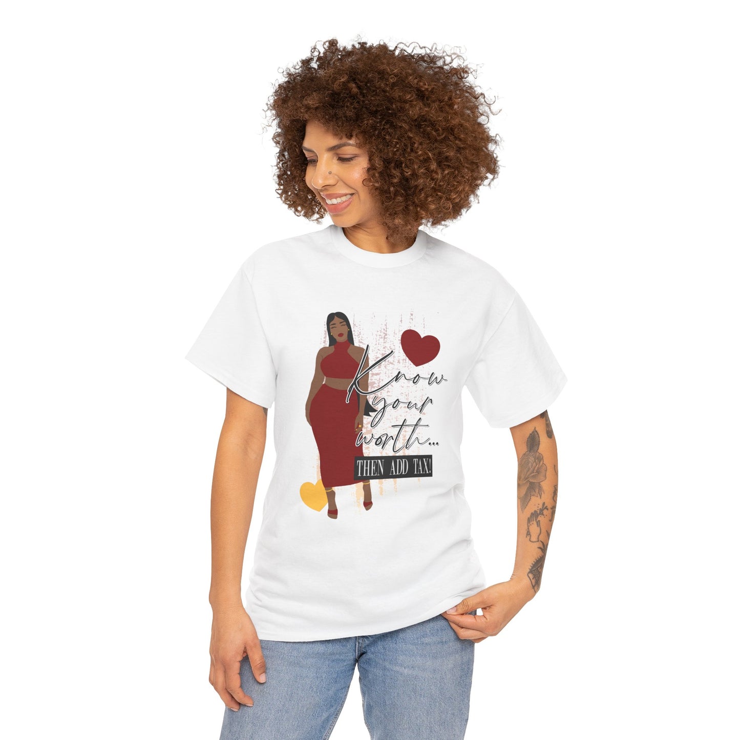 “Know Your Worth, Then Add Tax” Women Empowerment T-Shirt - Red Dress