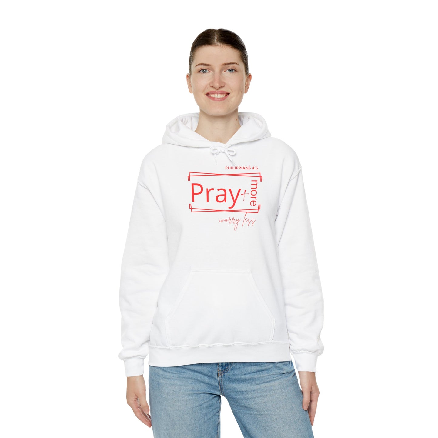 White & Red - Pray More Worry Less Unisex Hooded Sweatshirt
