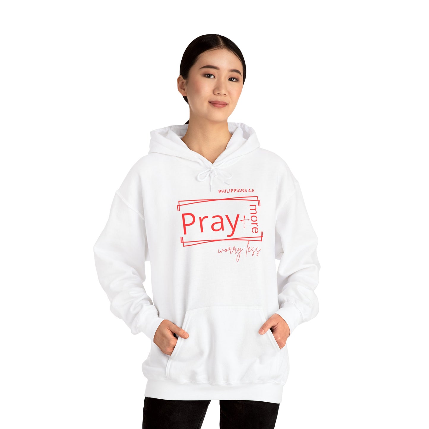 White & Red - Pray More Worry Less Unisex Hooded Sweatshirt