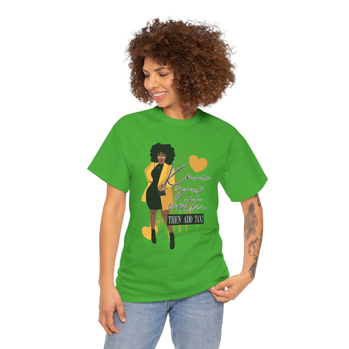 “Know Your Worth, Then Add Tax” Women Empowerment T-Shirt - Black Dress w/ Yellow Jacket