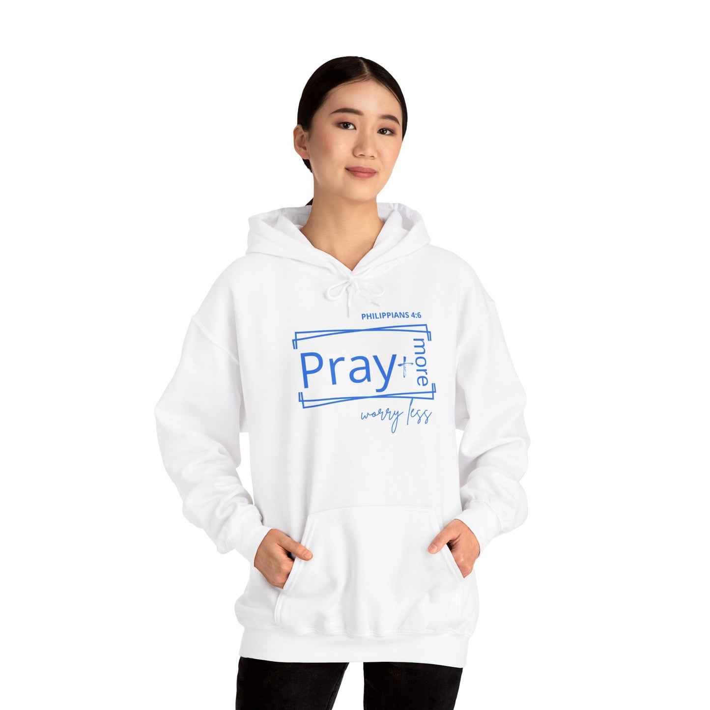 White & Blue - Pray More Worry Less Unisex Hooded Sweatshirt