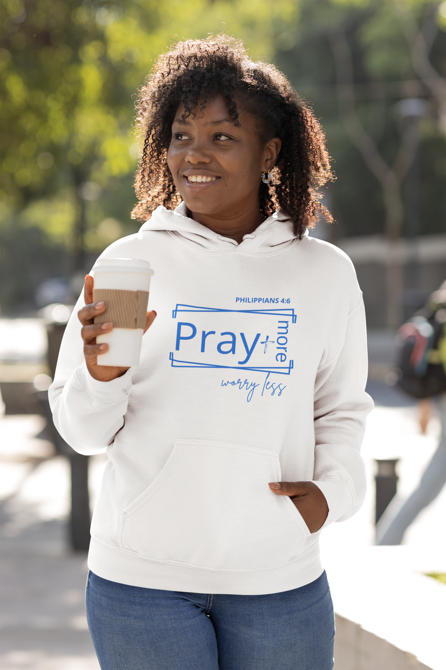 White & Blue - Pray More Worry Less Unisex Hooded Sweatshirt