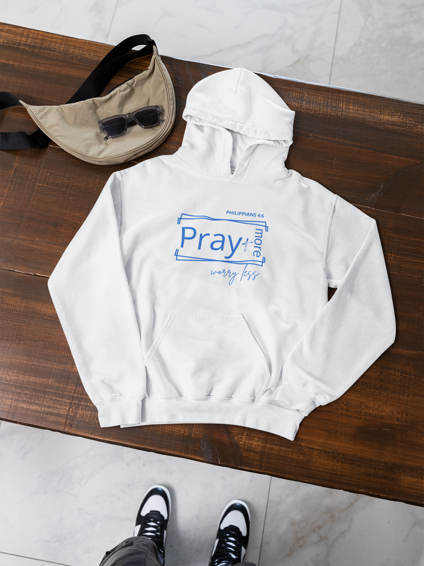 White & Blue - Pray More Worry Less Unisex Hooded Sweatshirt