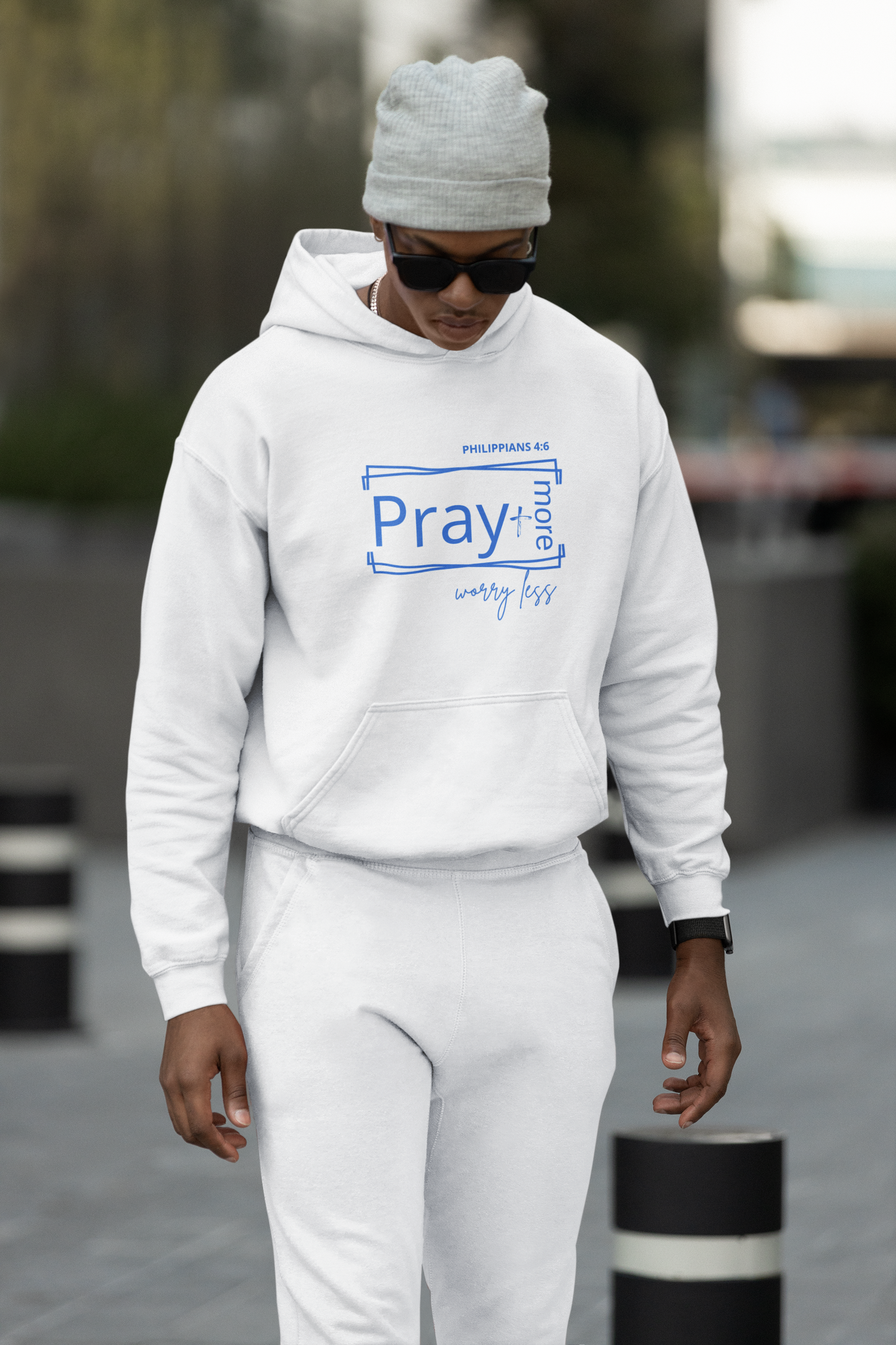 White & Blue - Pray More Worry Less Unisex Hooded Sweatshirt
