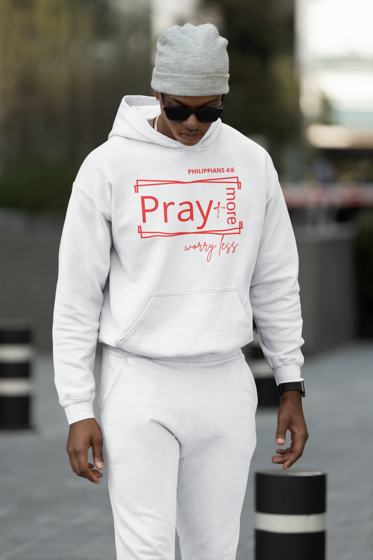 White & Red - Pray More Worry Less Unisex Hooded Sweatshirt