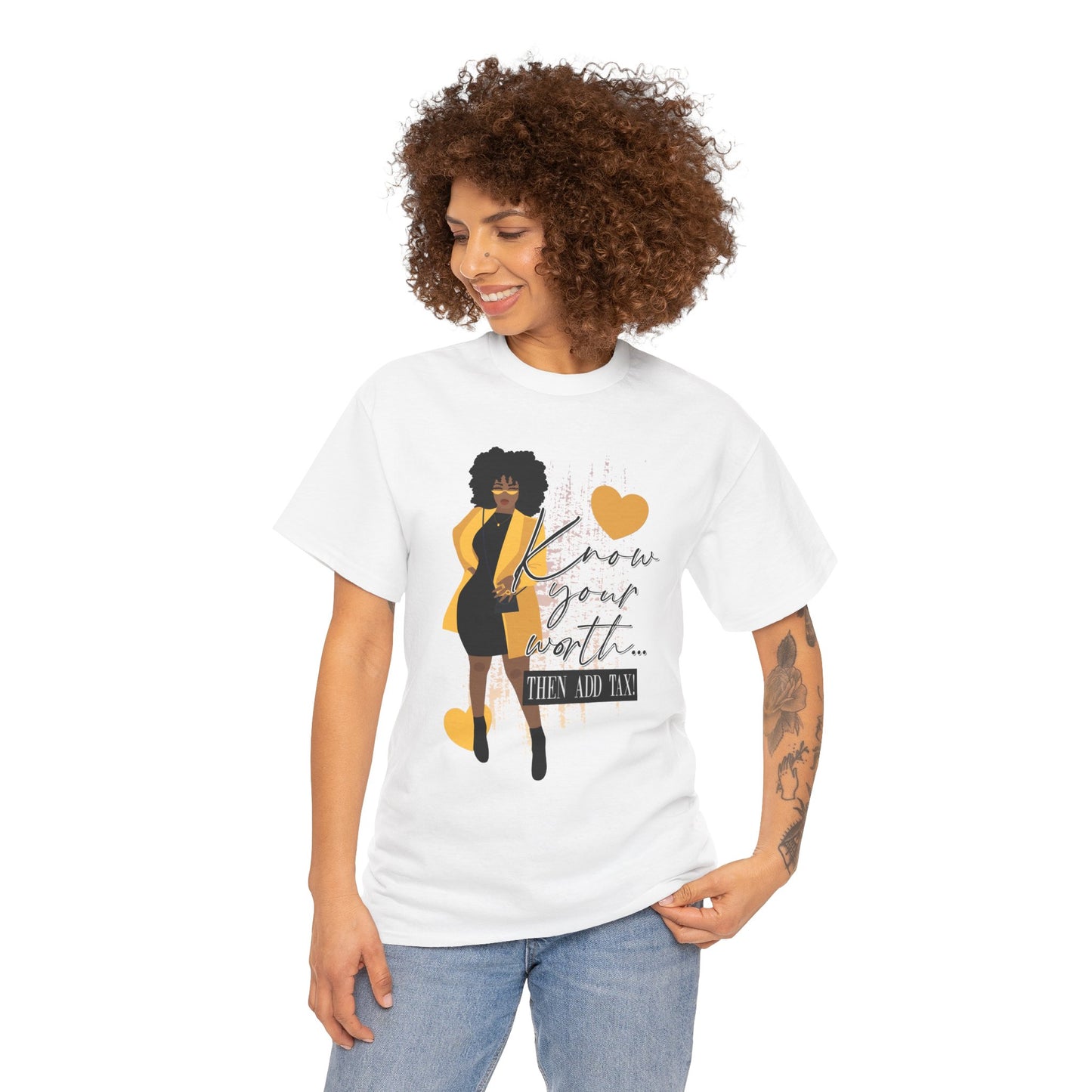 “Know Your Worth, Then Add Tax” Women Empowerment T-Shirt - Black Dress w/ Yellow Jacket