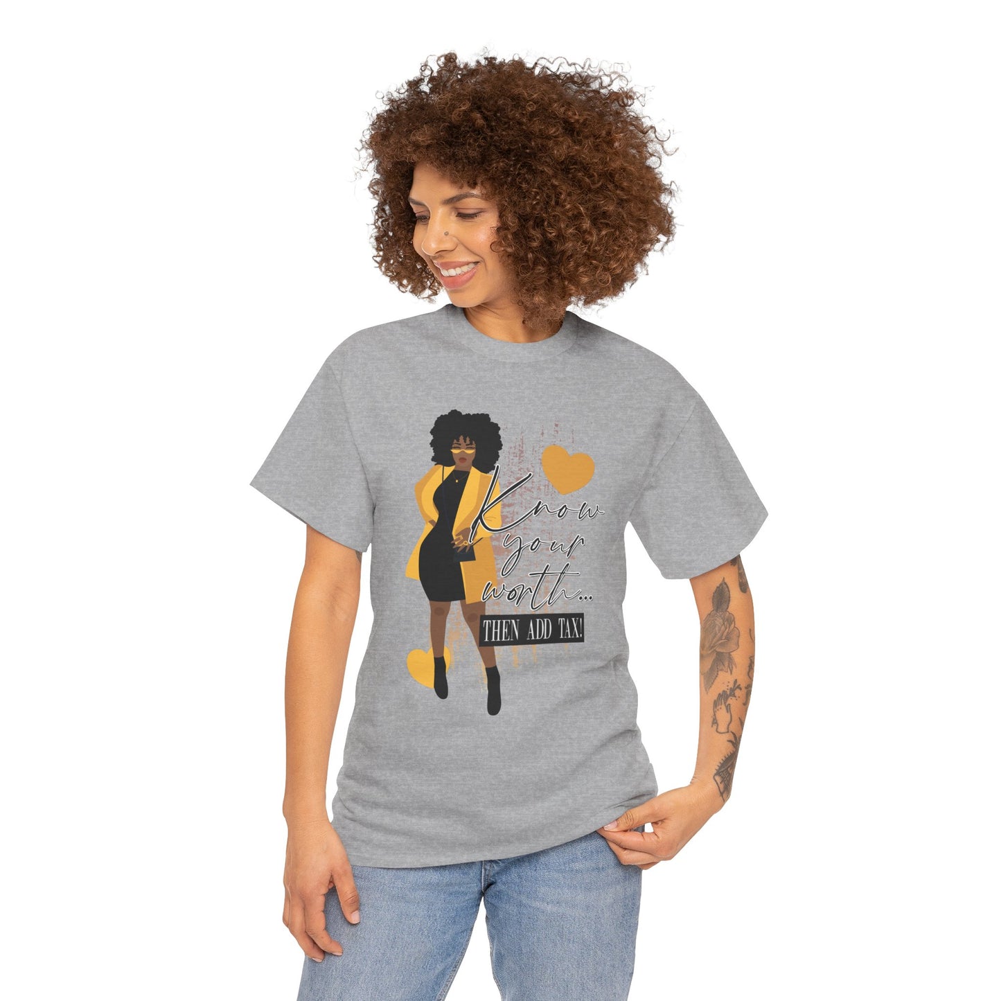 “Know Your Worth, Then Add Tax” Women Empowerment T-Shirt - Black Dress w/ Yellow Jacket