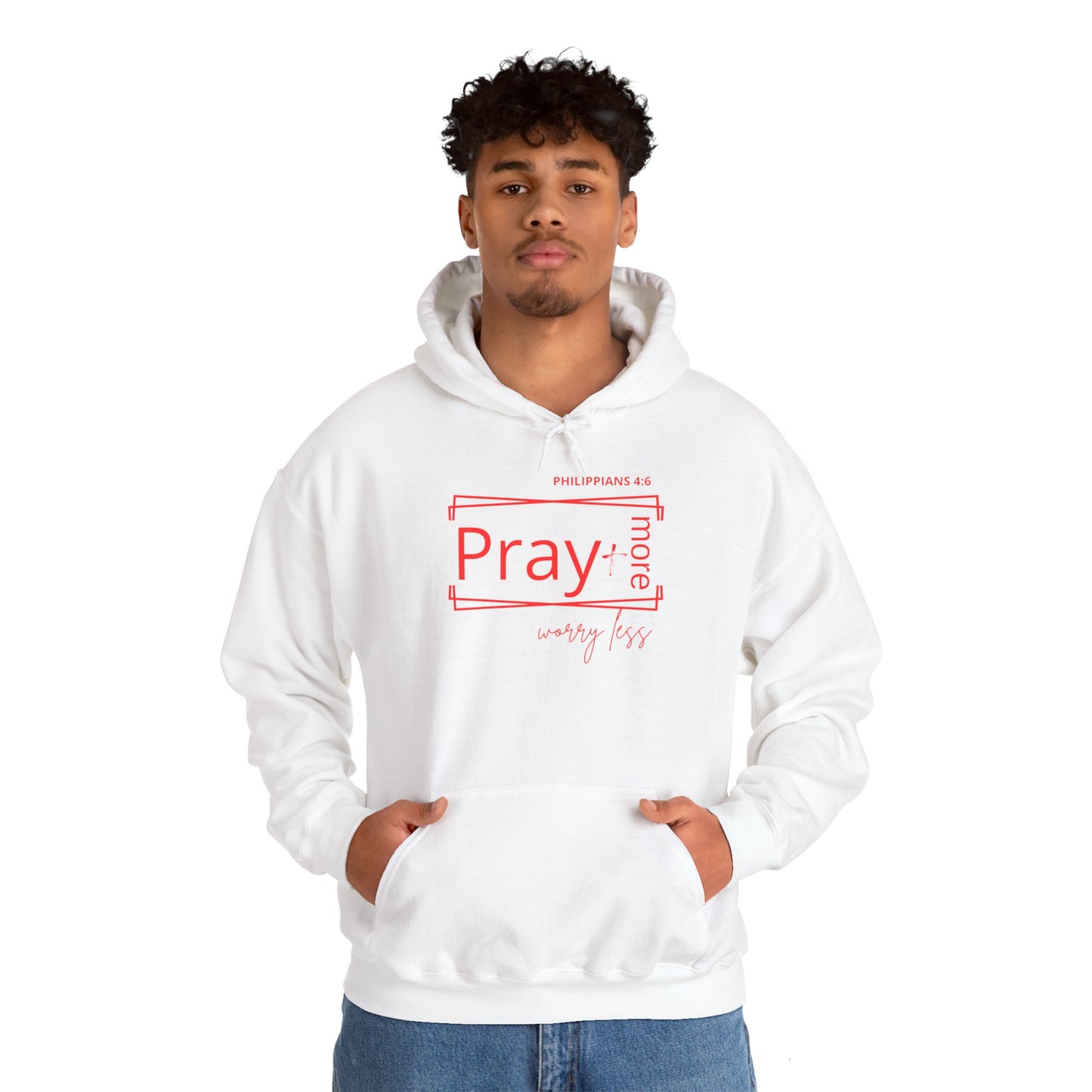 White & Red - Pray More Worry Less Unisex Hooded Sweatshirt