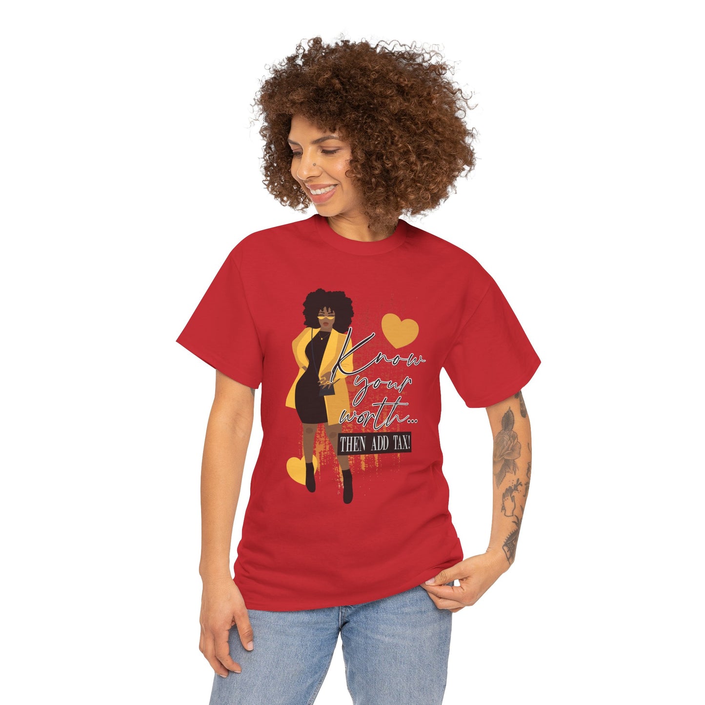 “Know Your Worth, Then Add Tax” Women Empowerment T-Shirt - Black Dress w/ Yellow Jacket