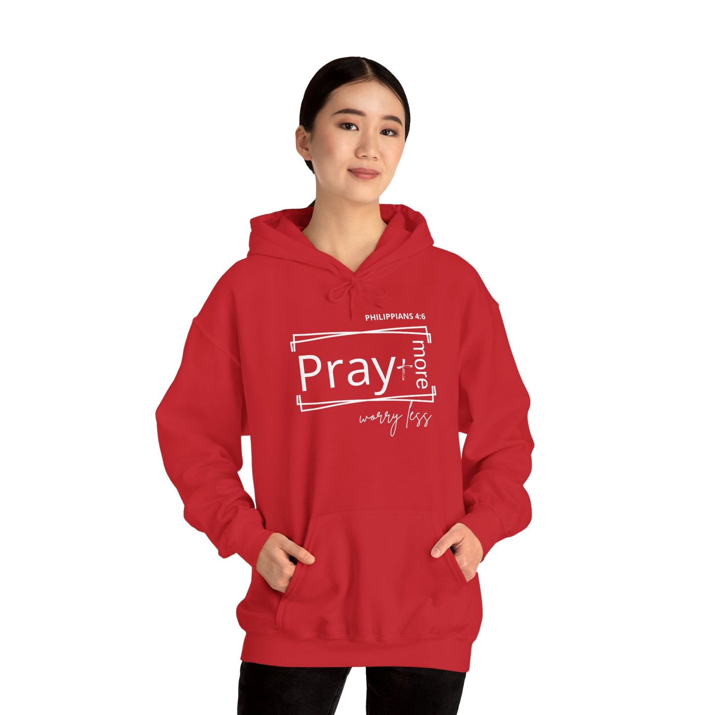Red & White - Pray More Worry Less Unisex Hooded Sweatshirt