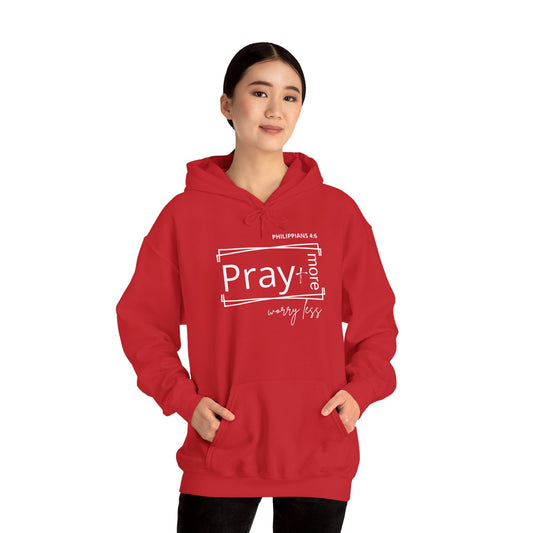 Red & White - Pray More Worry Less Unisex Hooded Sweatshirt