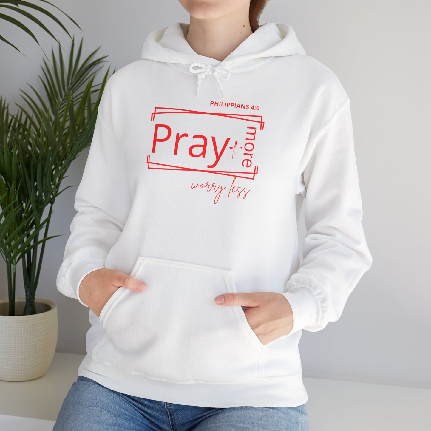 White & Red - Pray More Worry Less Unisex Hooded Sweatshirt