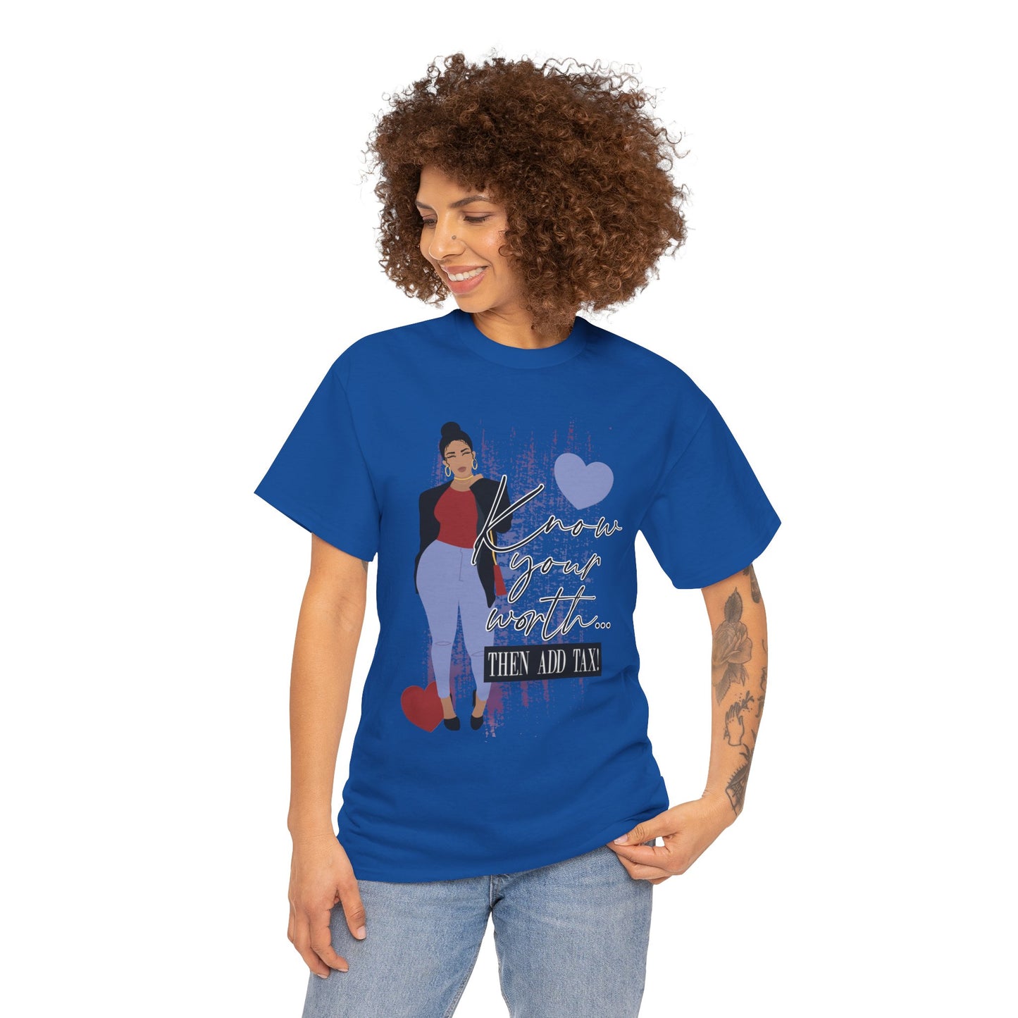 “Know Your Worth, Then Add Tax” Women Empowerment T-Shirt - Red Shirt w/ Black Jacket