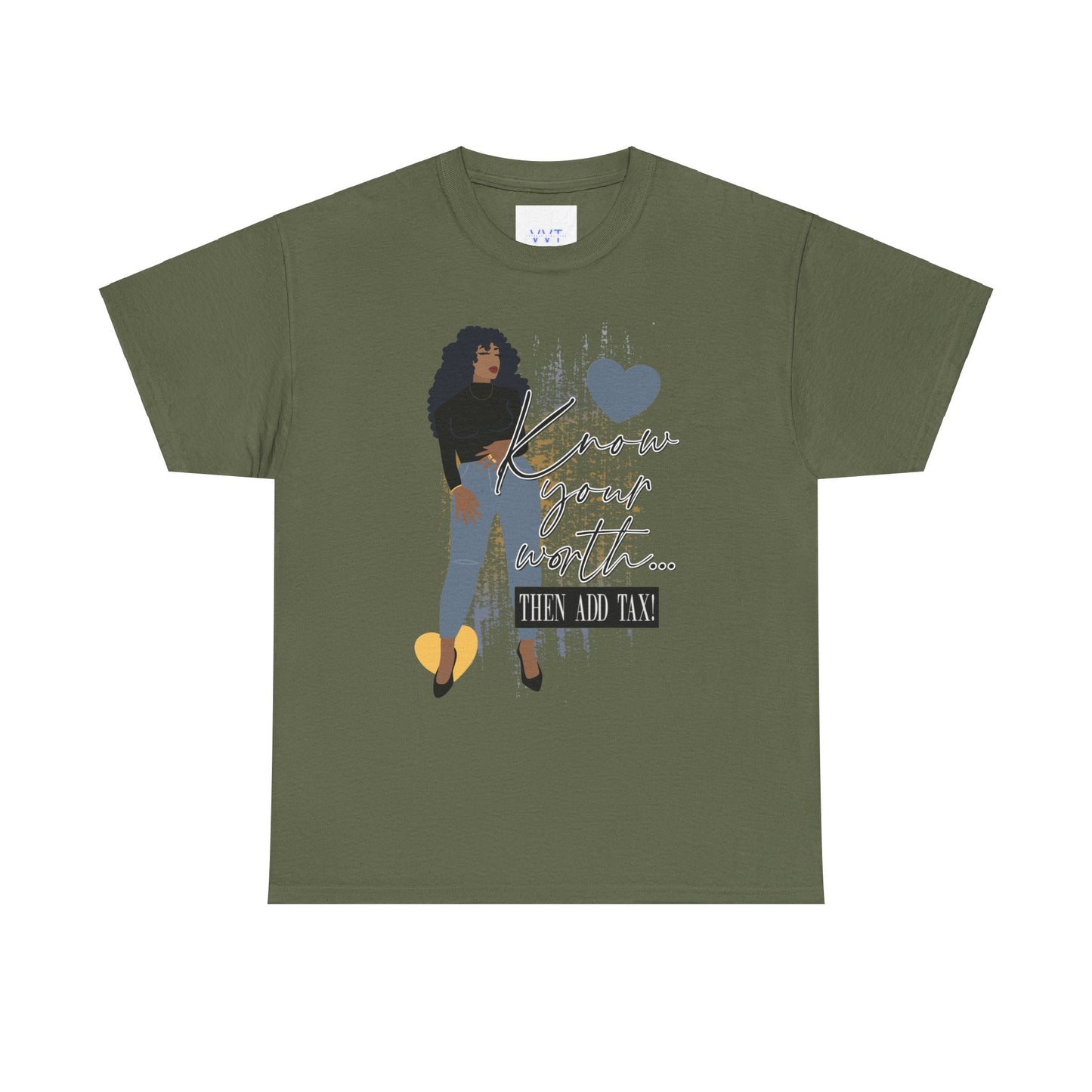 “Know Your Worth, Then Add Tax” Women Empowerment T-Shirt - Black Shirt w/ Blue Jeans